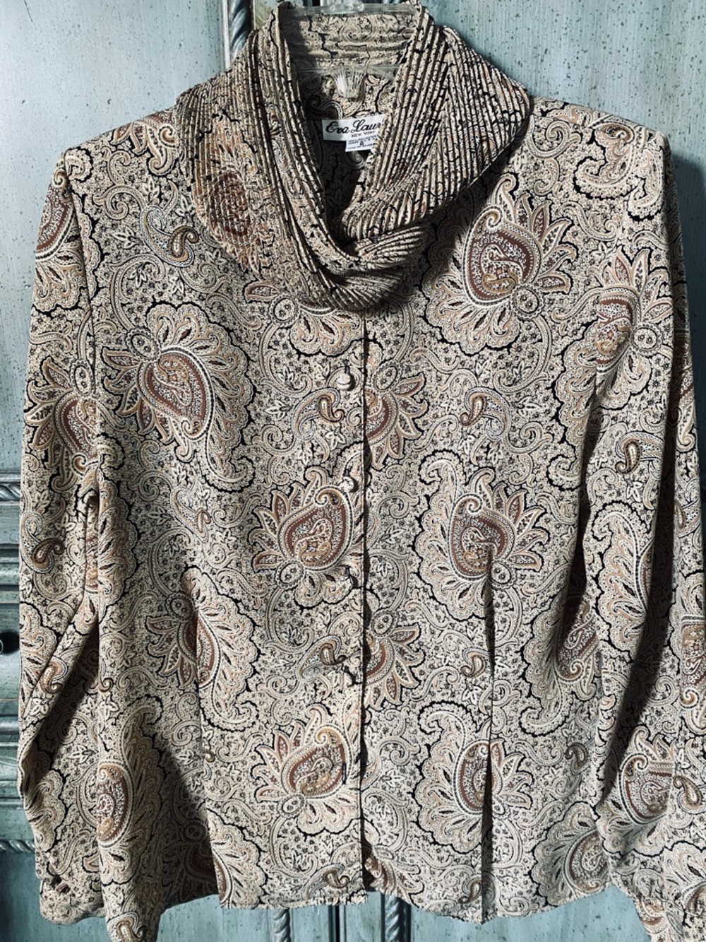 Eva Laurel Beige and Brown Paisley Blouse with Pleated Scarf-like Collar.
